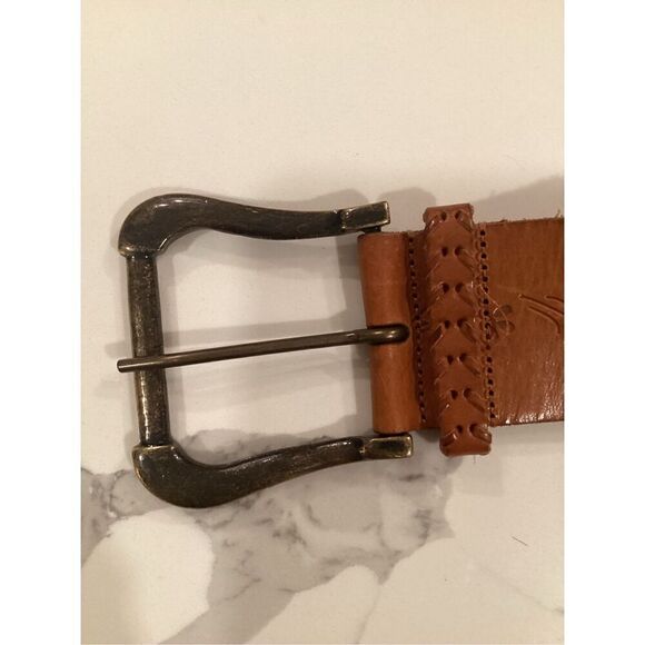 Sax Fifth Avenue Leather Brown Belt Sz S Braided Trim Embossed - Picture 6 of 8